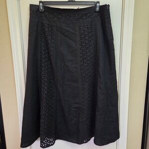 Sara Isabella Black Linen Eyelet Midi Skirt Pintuck A-Line XL